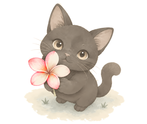 the black kitten looking up and offering a pink flower