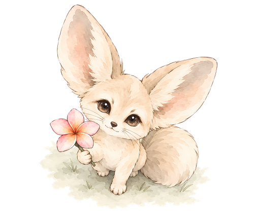 the fennec fox looking up and offering a pink flower