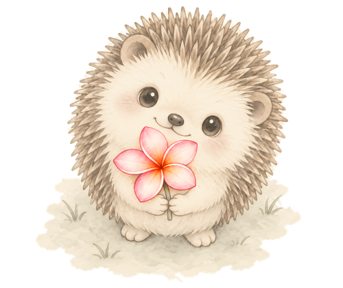the hedgehog looking up and offering a pink flower